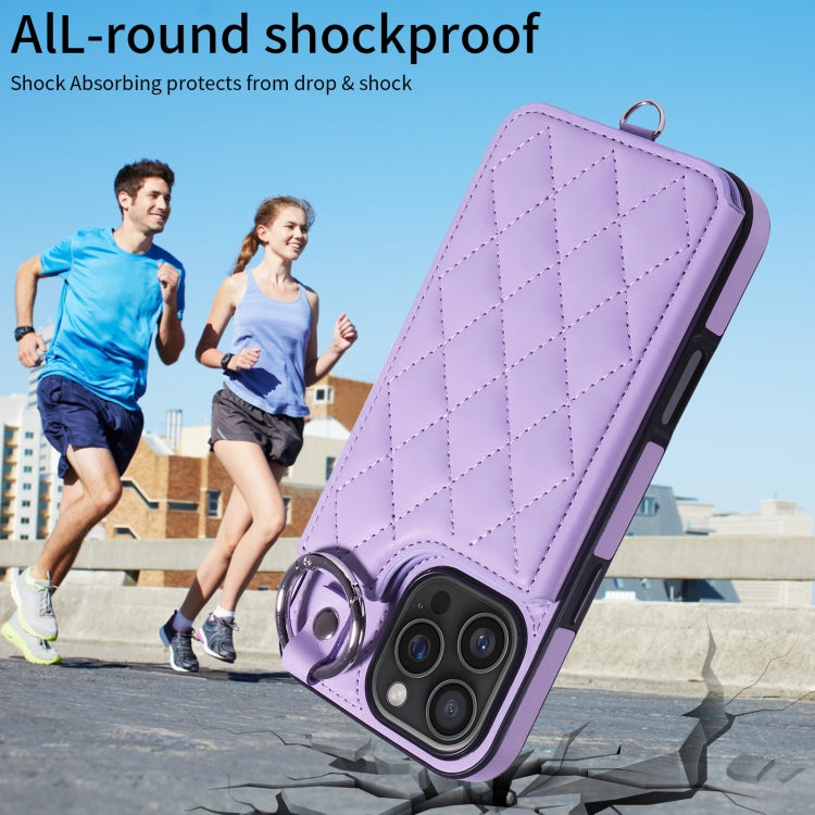 For iPhone 16 Pro Max Rhombic Texture Card Bag Phone Case with Short Lanyard