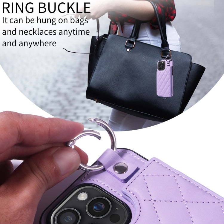 For iPhone 16 Pro Max Rhombic Texture Card Bag Phone Case with Short Lanyard