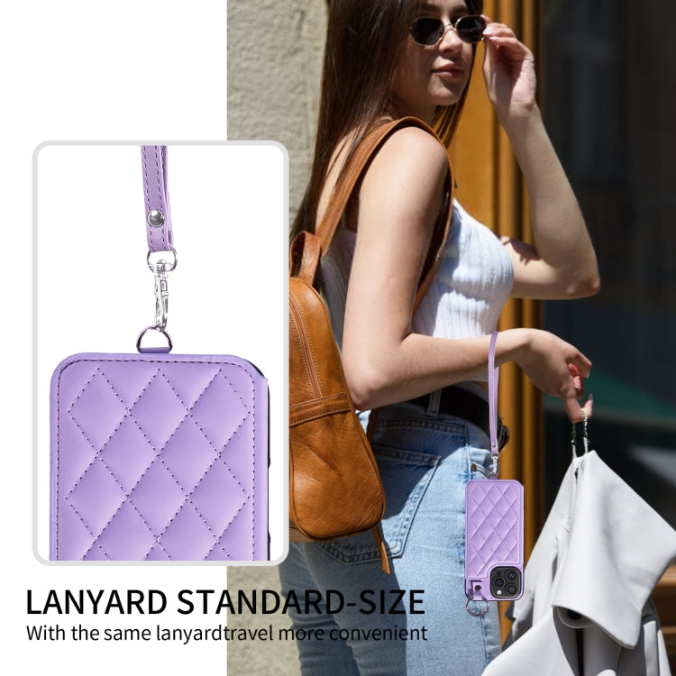 For iPhone 16 Pro Max Rhombic Texture Card Bag Phone Case with Short Lanyard