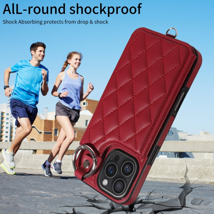 For iPhone 16 Pro Max Rhombic Texture Card Bag Phone Case with Short Lanyard