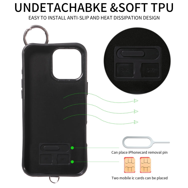 For iPhone 16 Pro Max Rhombic Texture Card Bag Phone Case with Short Lanyard