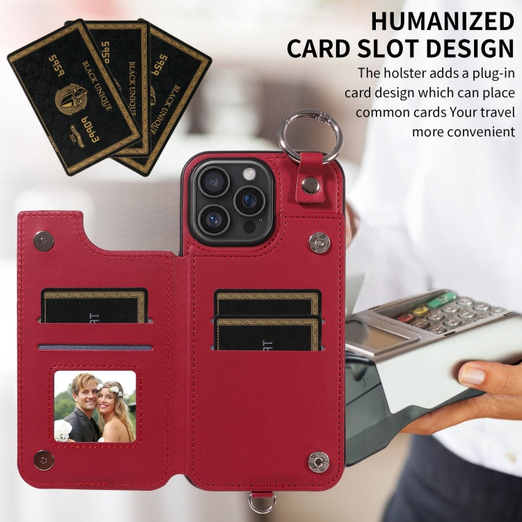 For iPhone 16 Pro Max Rhombic Texture Card Bag Phone Case with Short Lanyard