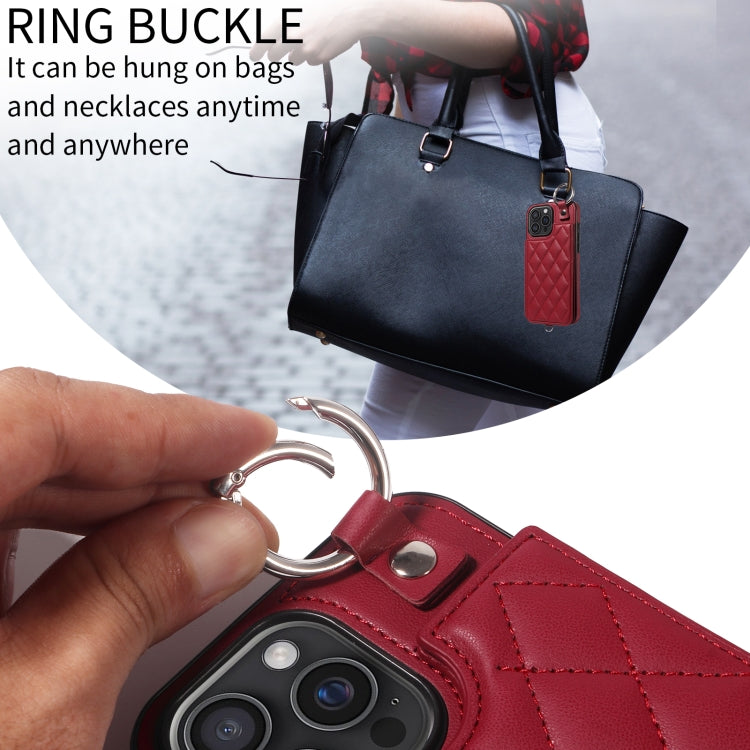 For iPhone 16 Pro Max Rhombic Texture Card Bag Phone Case with Short Lanyard