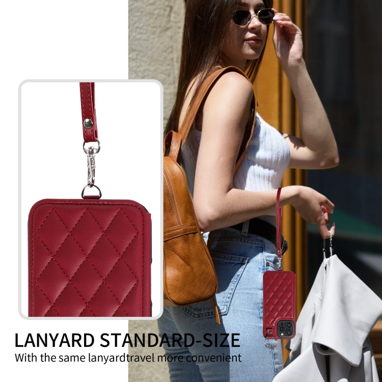 For iPhone 16 Pro Max Rhombic Texture Card Bag Phone Case with Short Lanyard
