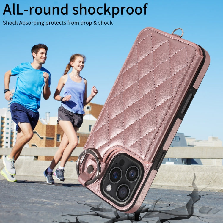For iPhone 16 Pro Max Rhombic Texture Card Bag Phone Case with Short Lanyard
