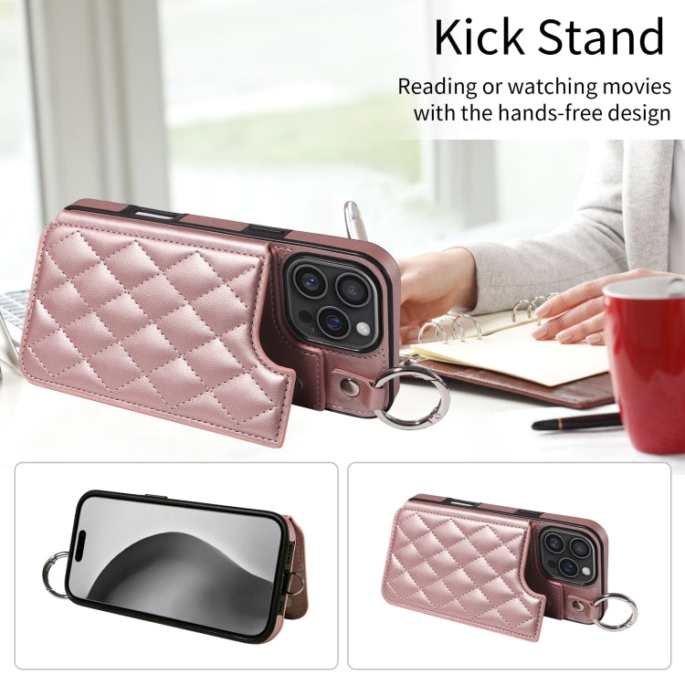 For iPhone 16 Pro Max Rhombic Texture Card Bag Phone Case with Short Lanyard