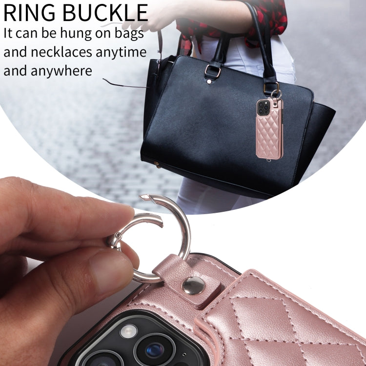 For iPhone 16 Pro Max Rhombic Texture Card Bag Phone Case with Short Lanyard