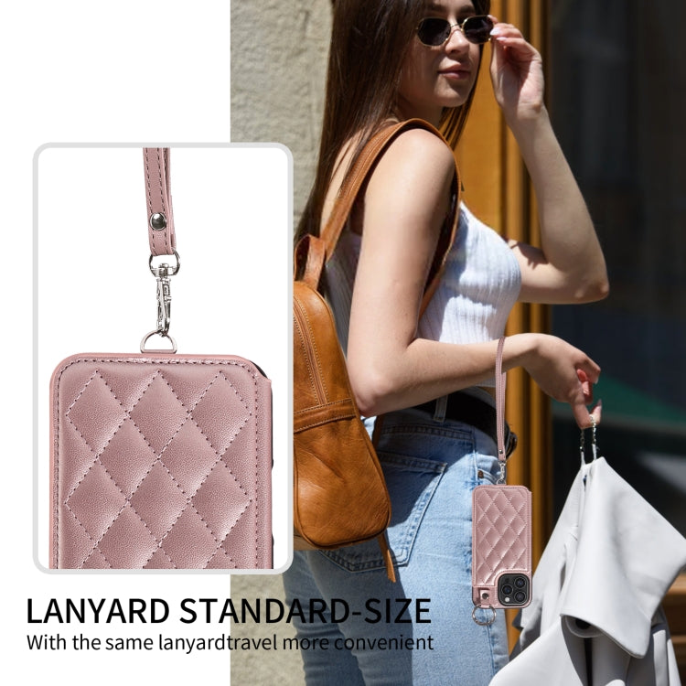 For iPhone 16 Pro Max Rhombic Texture Card Bag Phone Case with Short Lanyard