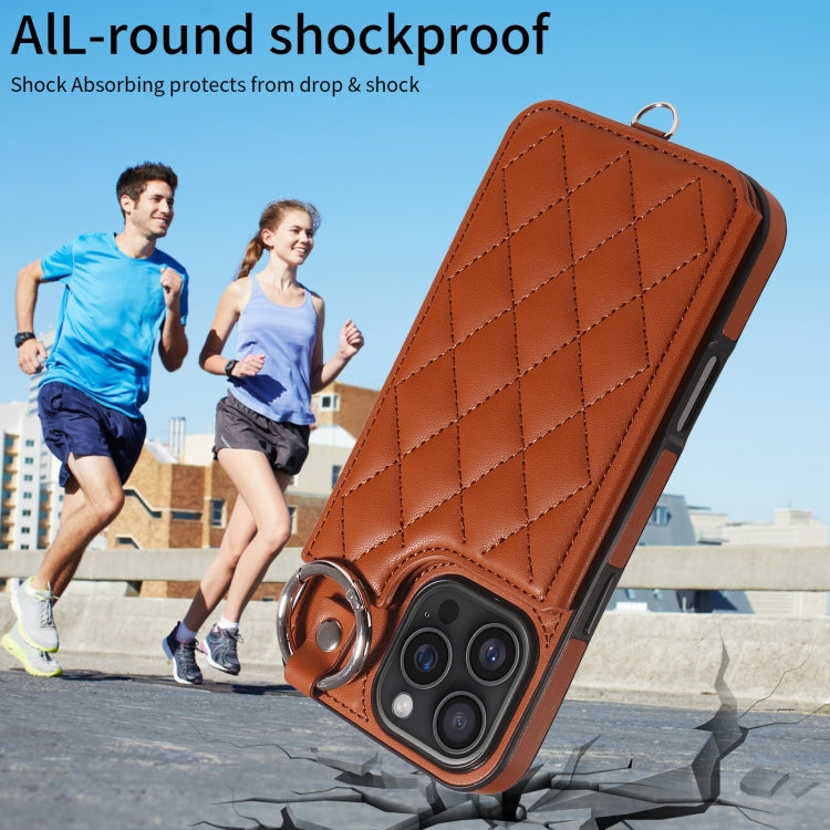 For iPhone 16 Pro Max Rhombic Texture Card Bag Phone Case with Short Lanyard
