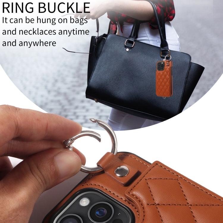 For iPhone 16 Pro Max Rhombic Texture Card Bag Phone Case with Short Lanyard