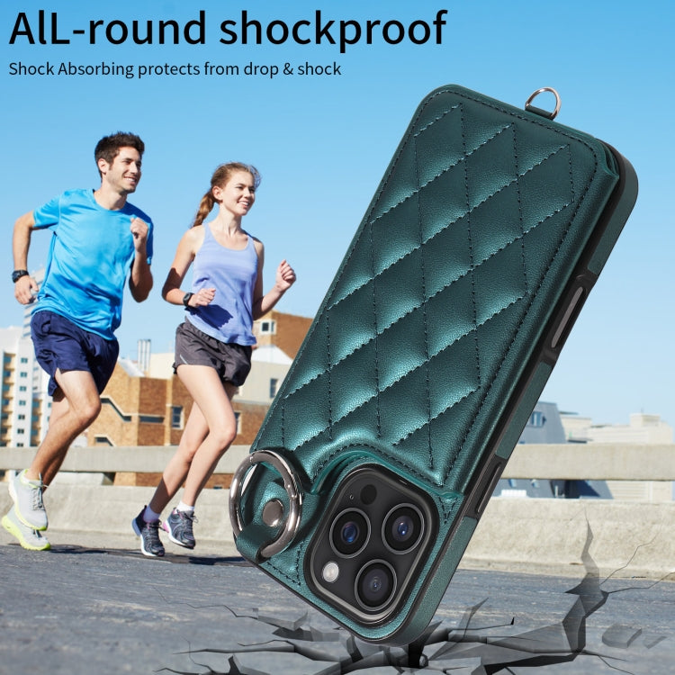 For iPhone 16 Pro Max Rhombic Texture Card Bag Phone Case with Short Lanyard