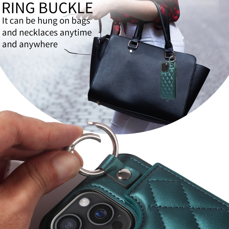 For iPhone 16 Pro Max Rhombic Texture Card Bag Phone Case with Short Lanyard