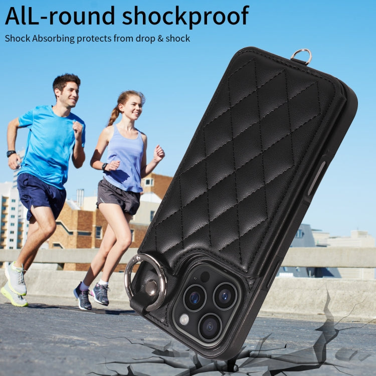 For iPhone 16 Pro Max Rhombic Texture Card Bag Phone Case with Short Lanyard
