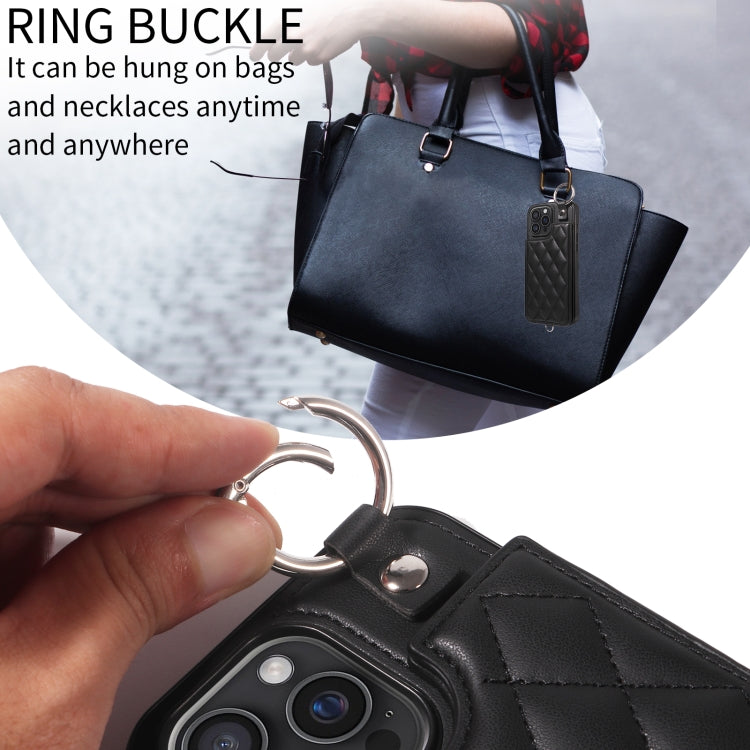 For iPhone 16 Pro Max Rhombic Texture Card Bag Phone Case with Short Lanyard