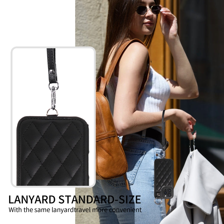 For iPhone 16 Pro Max Rhombic Texture Card Bag Phone Case with Short Lanyard