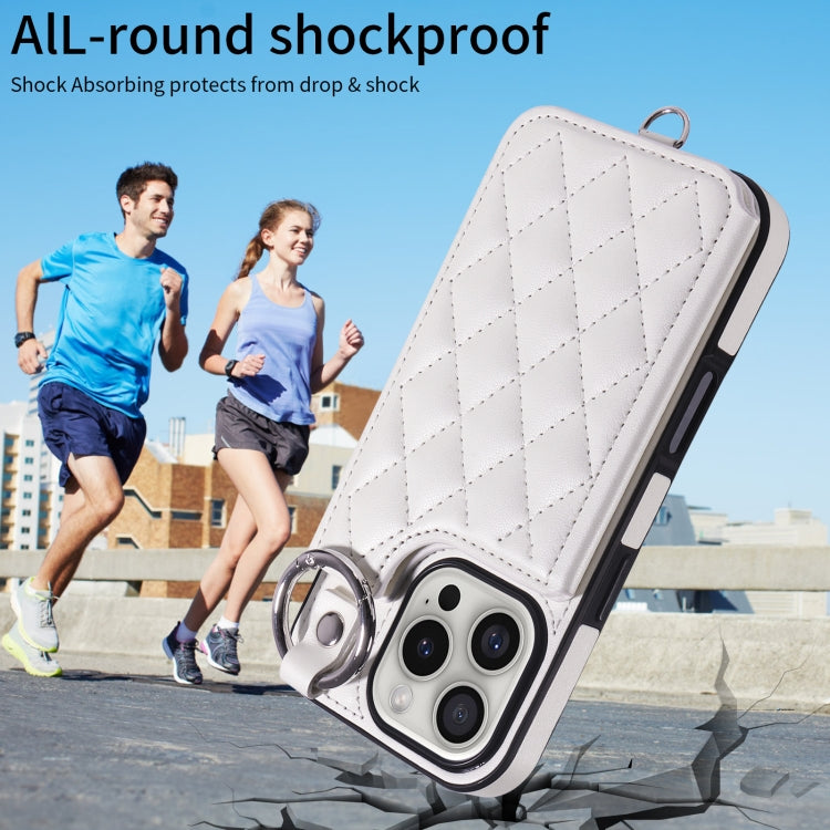 For iPhone 16 Pro Rhombic Texture Card Bag Phone Case with Short Lanyard