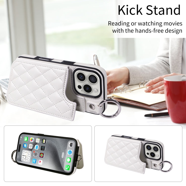 For iPhone 16 Pro Rhombic Texture Card Bag Phone Case with Short Lanyard