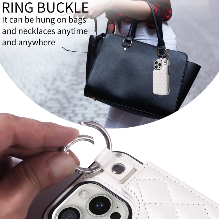 For iPhone 16 Pro Rhombic Texture Card Bag Phone Case with Short Lanyard