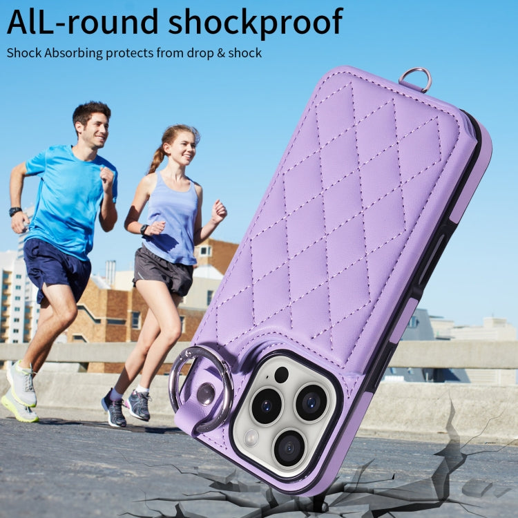 For iPhone 16 Pro Rhombic Texture Card Bag Phone Case with Short Lanyard