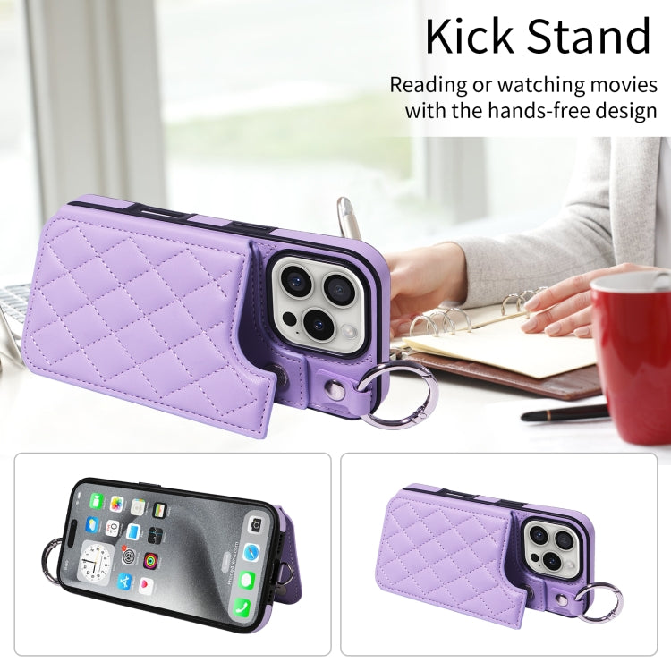For iPhone 16 Pro Rhombic Texture Card Bag Phone Case with Short Lanyard