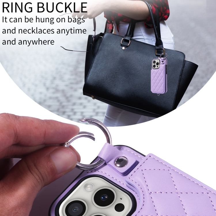 For iPhone 16 Pro Rhombic Texture Card Bag Phone Case with Short Lanyard