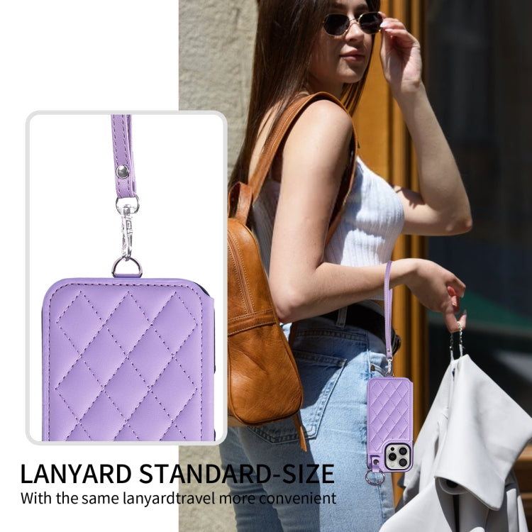 For iPhone 16 Pro Rhombic Texture Card Bag Phone Case with Short Lanyard