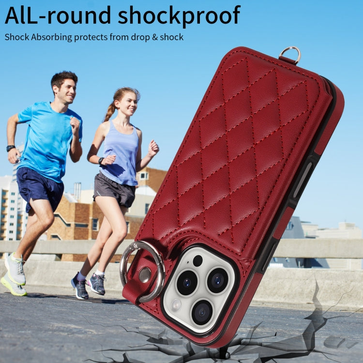 For iPhone 16 Pro Rhombic Texture Card Bag Phone Case with Short Lanyard