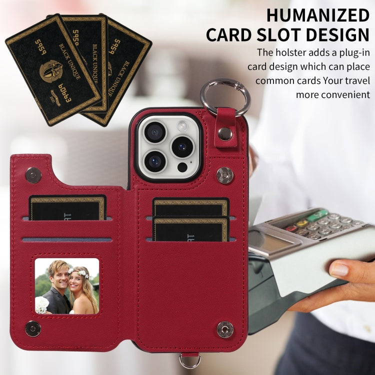 For iPhone 16 Pro Rhombic Texture Card Bag Phone Case with Short Lanyard