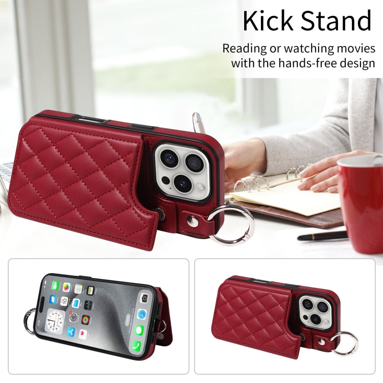 For iPhone 16 Pro Rhombic Texture Card Bag Phone Case with Short Lanyard
