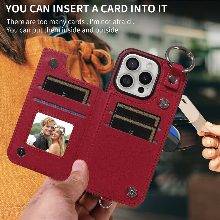 For iPhone 16 Pro Rhombic Texture Card Bag Phone Case with Short Lanyard