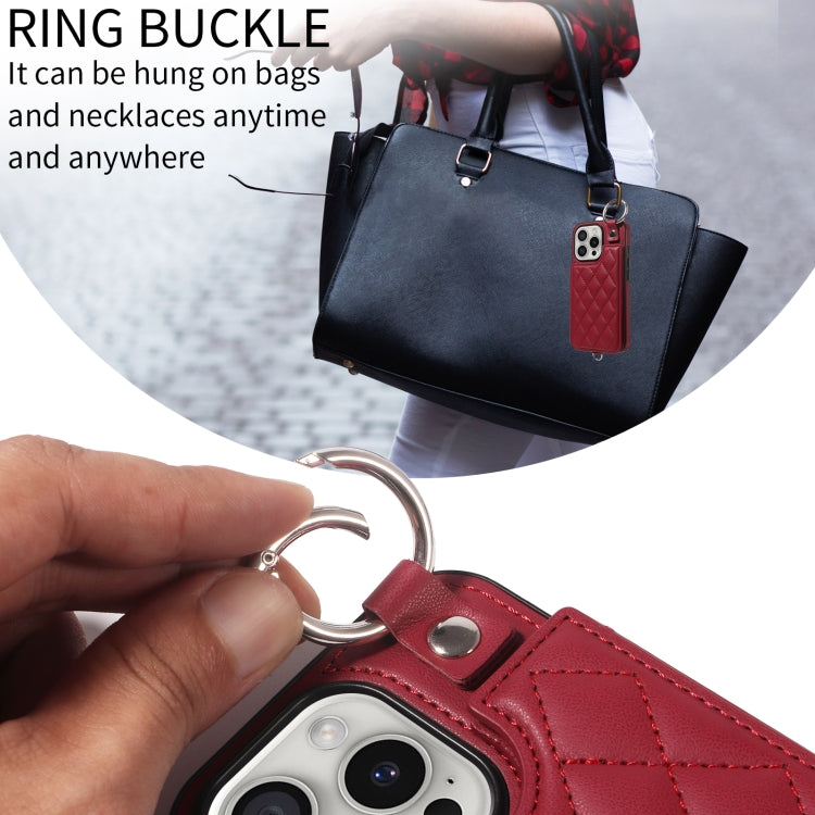 For iPhone 16 Pro Rhombic Texture Card Bag Phone Case with Short Lanyard