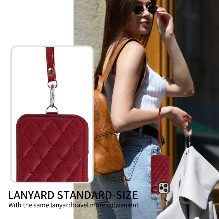 For iPhone 16 Pro Rhombic Texture Card Bag Phone Case with Short Lanyard