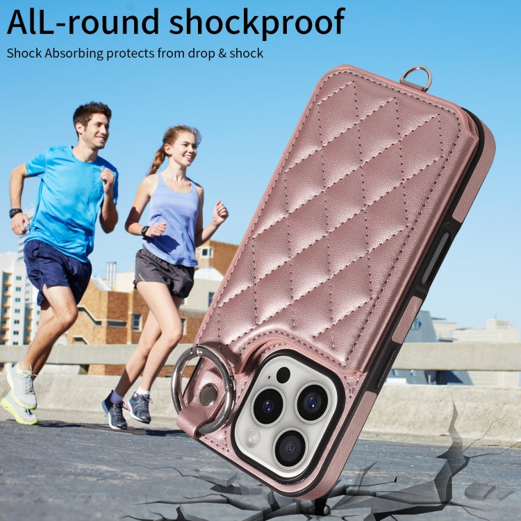 For iPhone 16 Pro Rhombic Texture Card Bag Phone Case with Short Lanyard