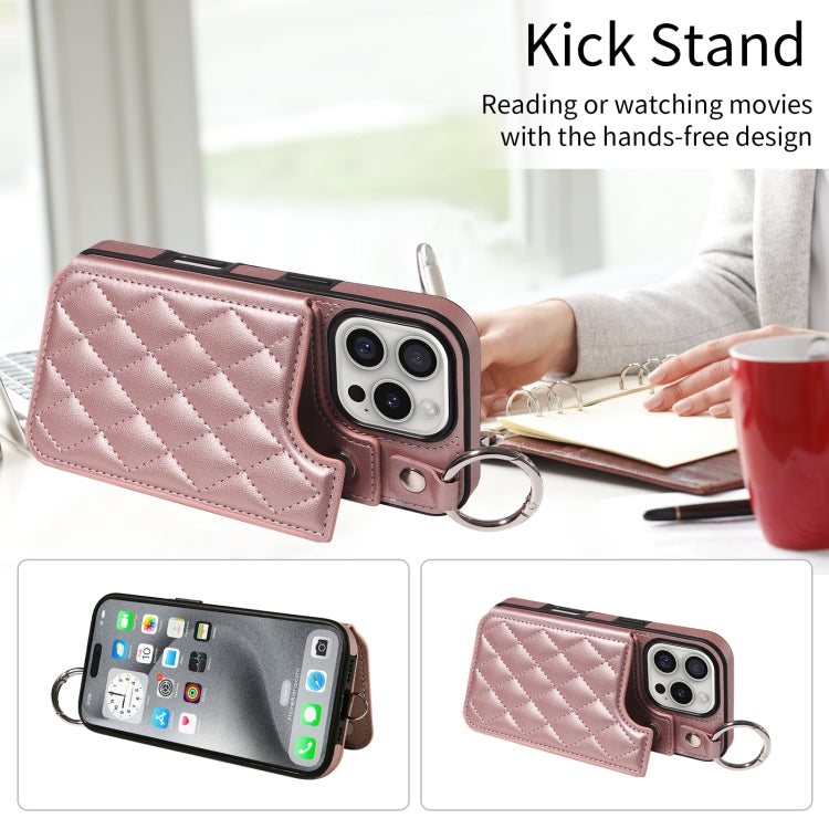 For iPhone 16 Pro Rhombic Texture Card Bag Phone Case with Short Lanyard