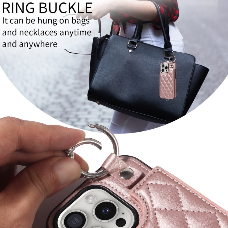 For iPhone 16 Pro Rhombic Texture Card Bag Phone Case with Short Lanyard