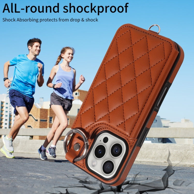 For iPhone 16 Pro Rhombic Texture Card Bag Phone Case with Short Lanyard