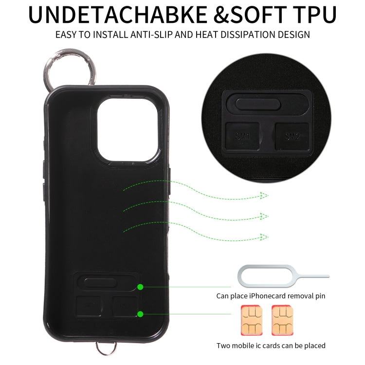 For iPhone 16 Pro Rhombic Texture Card Bag Phone Case with Short Lanyard