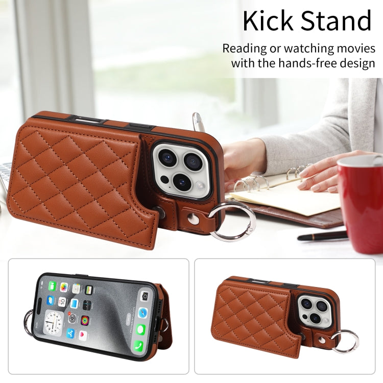 For iPhone 16 Pro Rhombic Texture Card Bag Phone Case with Short Lanyard
