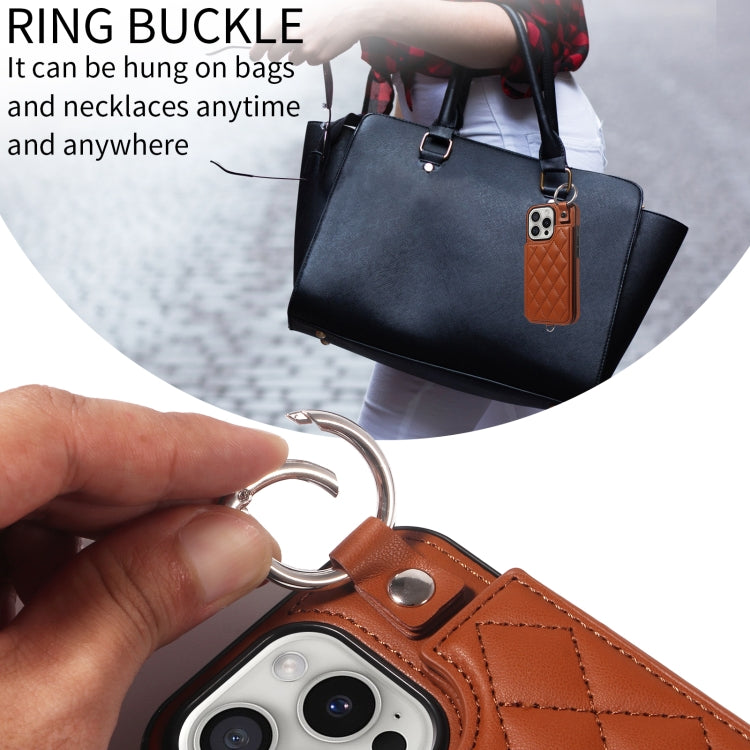 For iPhone 16 Pro Rhombic Texture Card Bag Phone Case with Short Lanyard