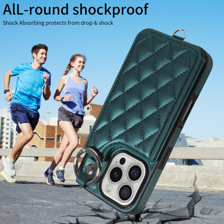 For iPhone 16 Pro Rhombic Texture Card Bag Phone Case with Short Lanyard