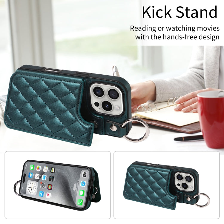 For iPhone 16 Pro Rhombic Texture Card Bag Phone Case with Short Lanyard