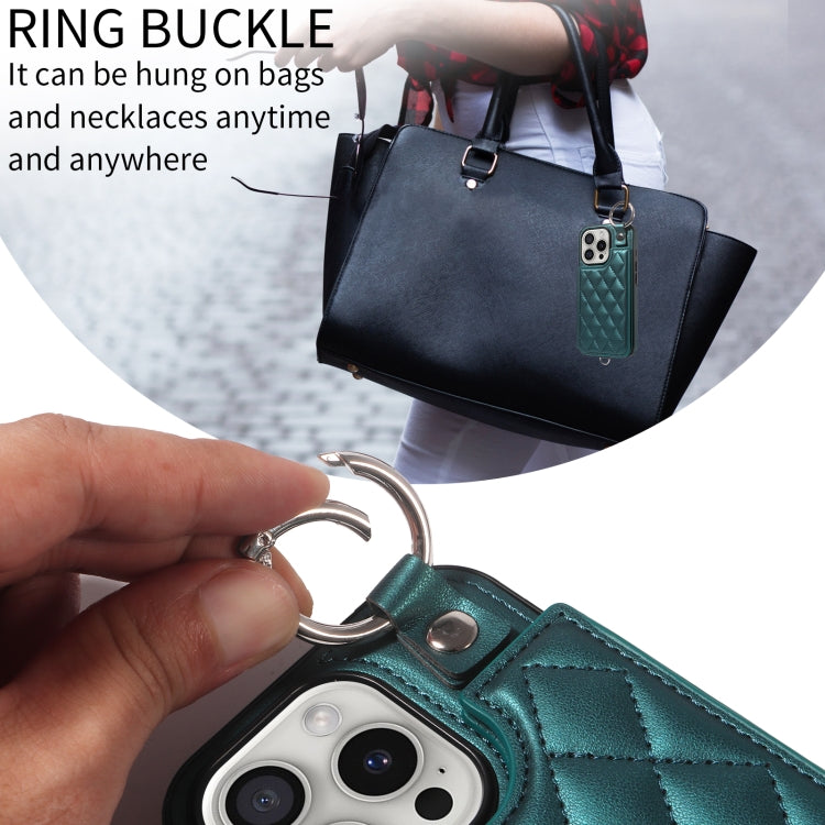 For iPhone 16 Pro Rhombic Texture Card Bag Phone Case with Short Lanyard