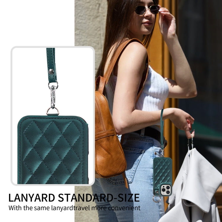 For iPhone 16 Pro Rhombic Texture Card Bag Phone Case with Short Lanyard