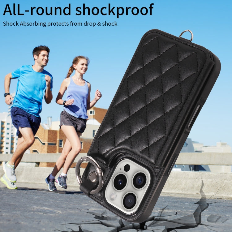 For iPhone 16 Pro Rhombic Texture Card Bag Phone Case with Short Lanyard