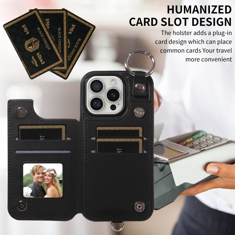For iPhone 16 Pro Rhombic Texture Card Bag Phone Case with Short Lanyard