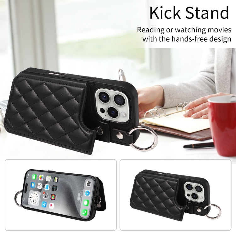 For iPhone 16 Pro Rhombic Texture Card Bag Phone Case with Short Lanyard