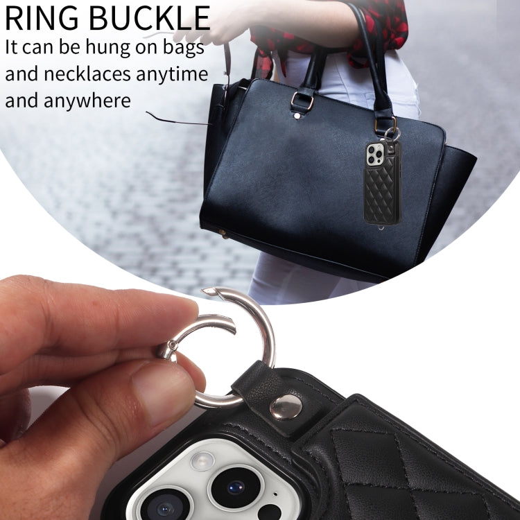 For iPhone 16 Pro Rhombic Texture Card Bag Phone Case with Short Lanyard