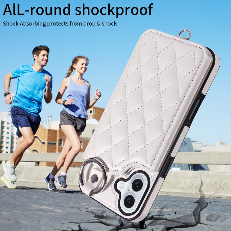 For iPhone 16 Plus Rhombic Texture Card Bag Phone Case with Short Lanyard