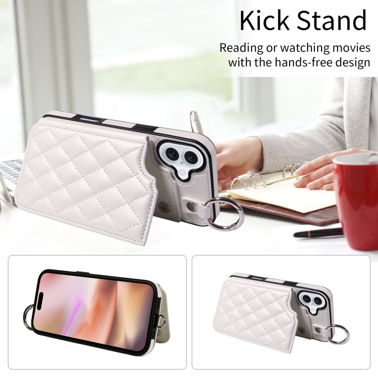 For iPhone 16 Plus Rhombic Texture Card Bag Phone Case with Short Lanyard