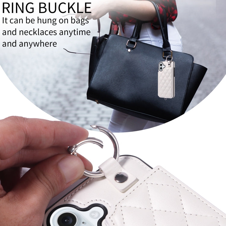 For iPhone 16 Plus Rhombic Texture Card Bag Phone Case with Short Lanyard